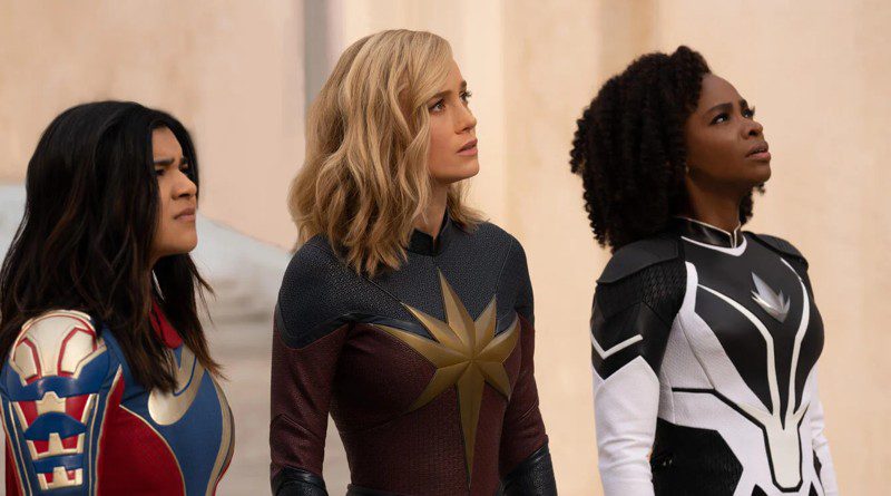 (L-R) Ms Marvel (Iman Vellani), Captain Marvel (Brie Larson) and Monica Rambeau (Teyonah Parris)