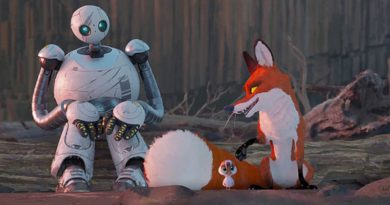 Roz (voiced by Lupita Nyong'o), Fink (Pedro Pascal) and Brightbill (Kit Connor) in "The Wild Robot" (2024)