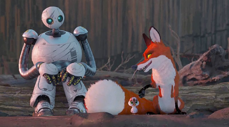 Roz (voiced by Lupita Nyong'o), Fink (Pedro Pascal) and Brightbill (Kit Connor) in "The Wild Robot" (2024)